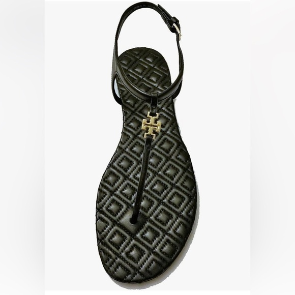 Tory Burch Shoes - TORY BURCH Marion Quilted Black Leather T-Strap Gold Logo Sandals Size 8 Luxury